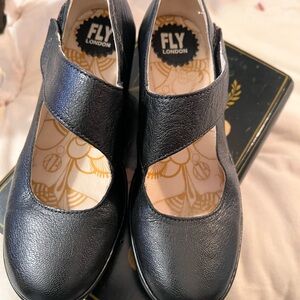 Fly London Black Leather Mary Jane Mules